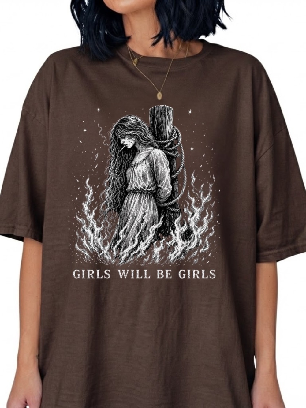 Girls Will Be Girls Witch Salem Trials Fire Vintage Dark Chocolate T-Shirt